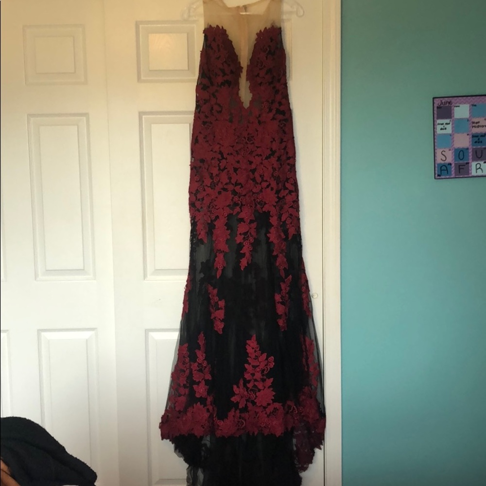 Black and burgundy lace prom dress